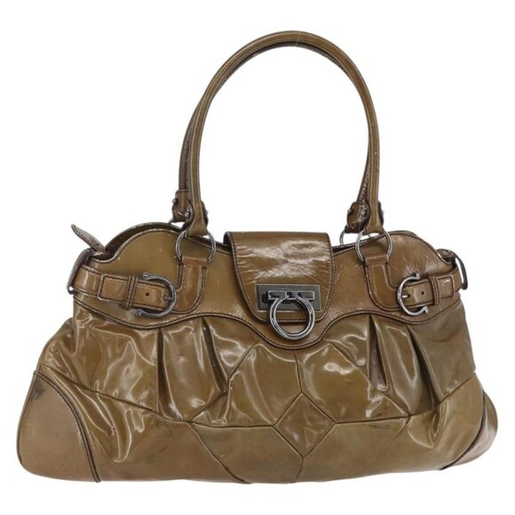 Salvatore Ferragamo Handbags - Authentic Salvatore Ferragamo Gancini Shoulder Bag Enamel Brown Silver